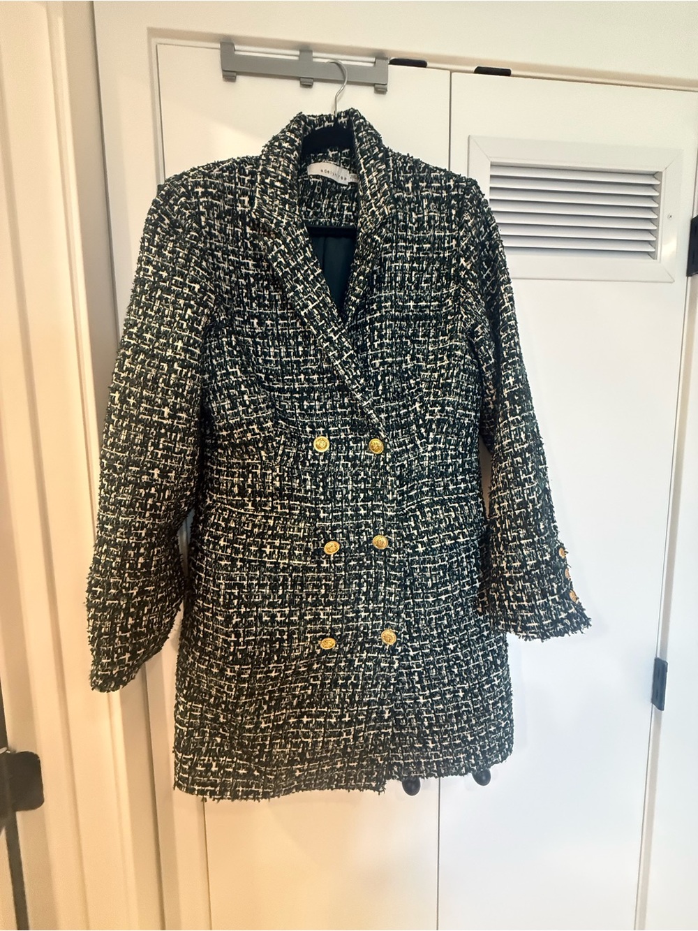 Green & White Tweed Double-Breasted Women's Coat with Gold Buttons